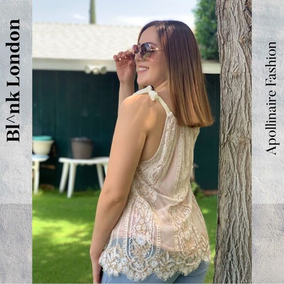 Bl^nk London Cream Lace Tank Top with gold threads in XL NWOT - Picture 1 of 7